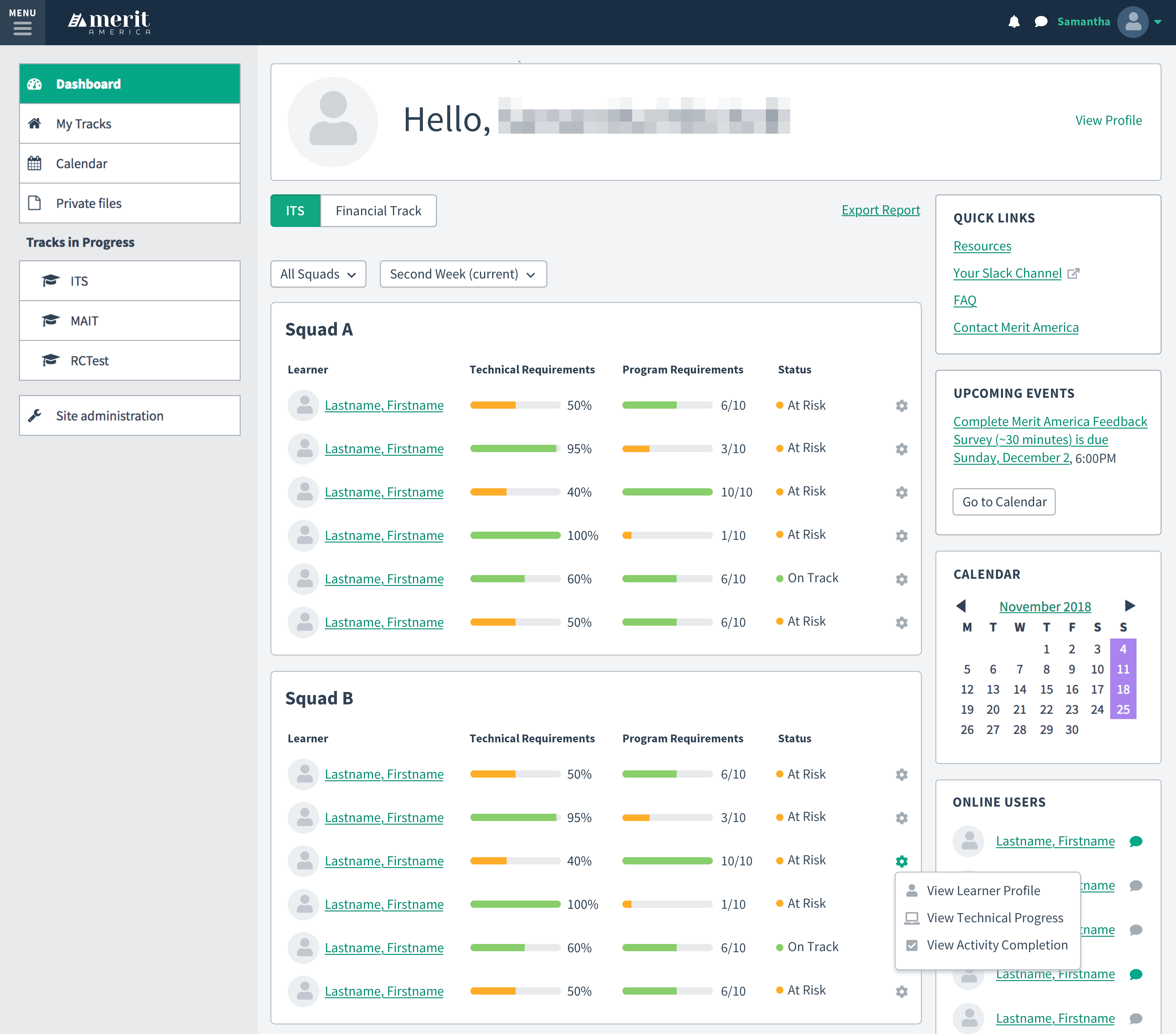 Coach dashboard showing learner progress by squad