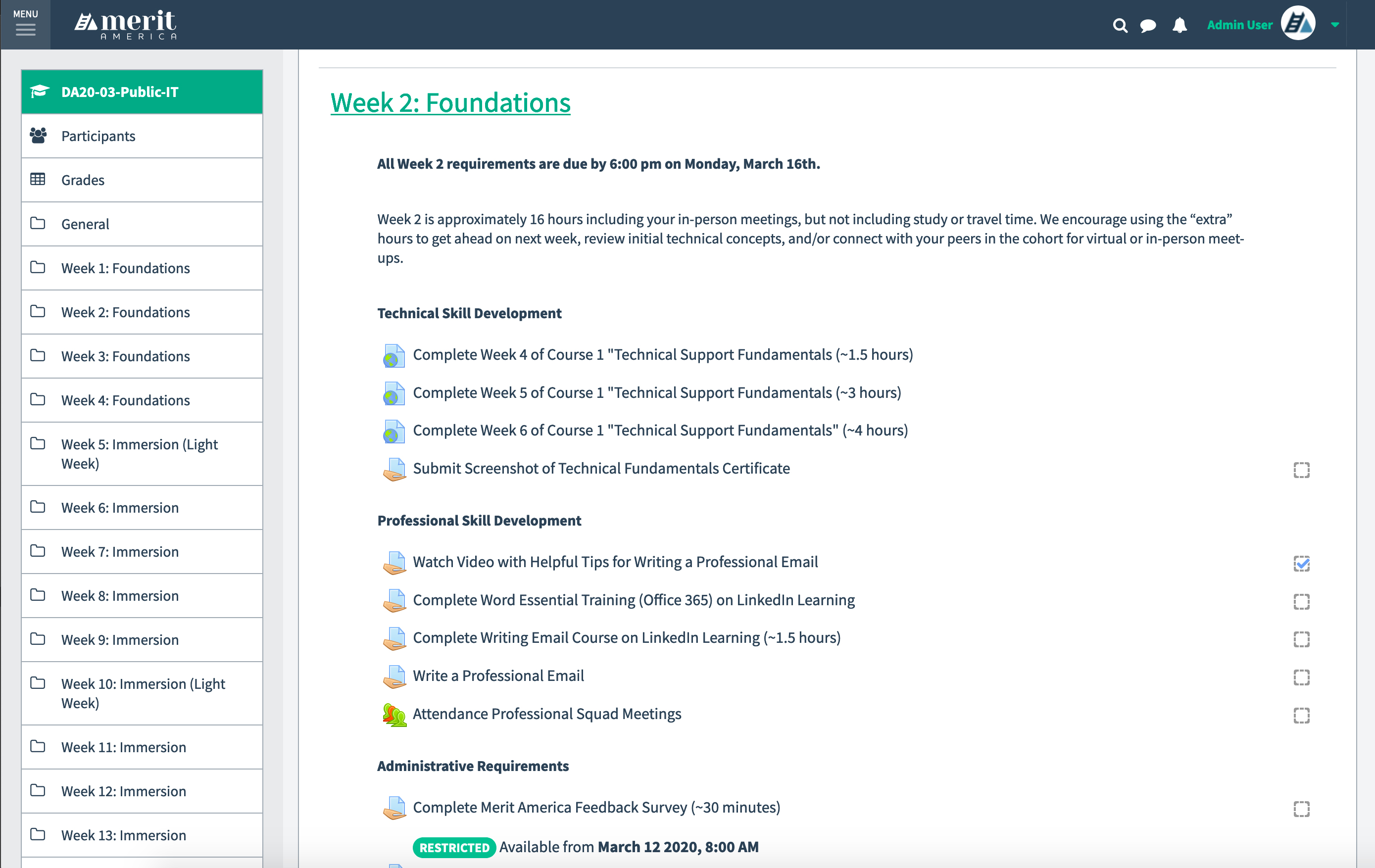 Learner week overview showing tasks and completion